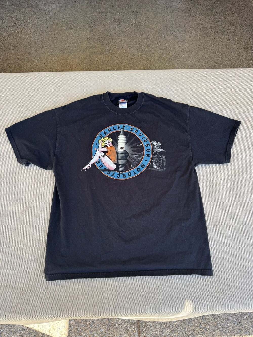 Harley-Davidson T-Shirt Size XL Black Spark Plug Pinup Tulsa Oklahoma